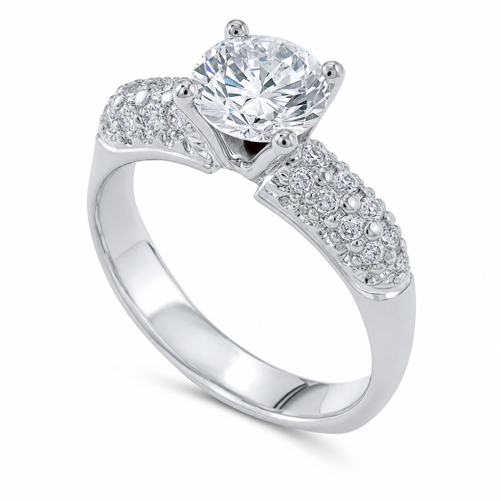 Pisa · Solitario con pavé en hombros anchos · Oro blanco