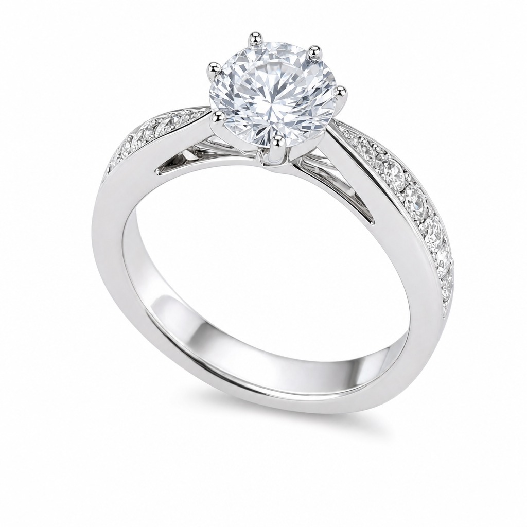 [373309] Noto · Solitario de seis garras con canal de brillantes · Oro blanco (Oro blanco 10kt, 3.0, Zirconia)